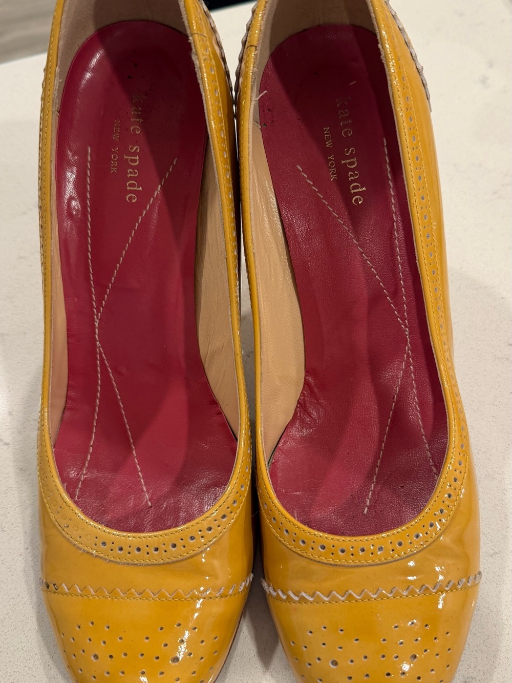 kate spade Yellow Patent Leather Round-Toe Pumps with Pink Insole